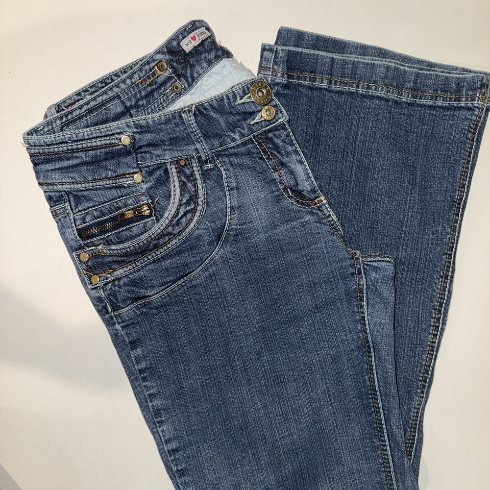 VTG River Island Y2K Low Rise Flare Jeans 34x29.5 12 Cyber Mall Goth Rivet Denim